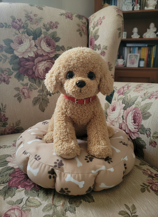 The PoodlePet Companion sitting on a floral armchair