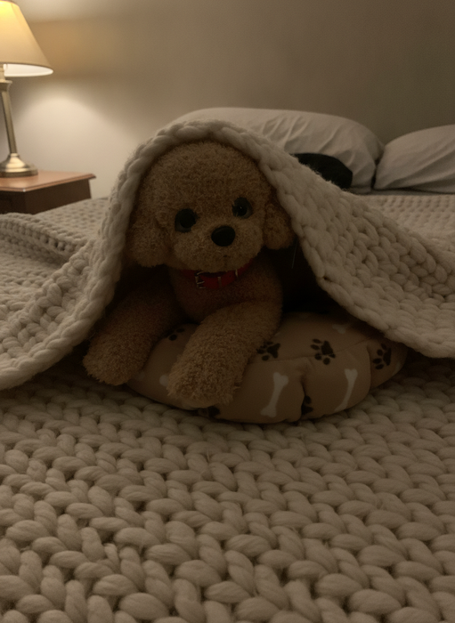 The PoodlePet Companion tucked under a blanket on a bed