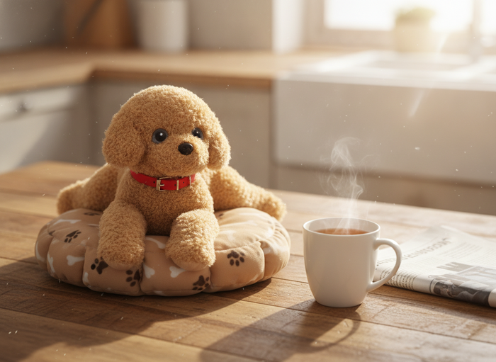 The PoodlePet Companion on a kitchen table beside a mug of tea