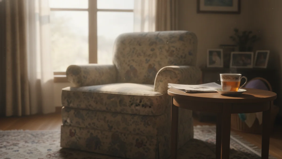 An empty armchair by a window with a cold cup of tea beside it