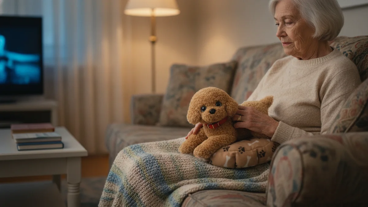 An older woman sitting on her sofa with the PoodlePet Companion beside her