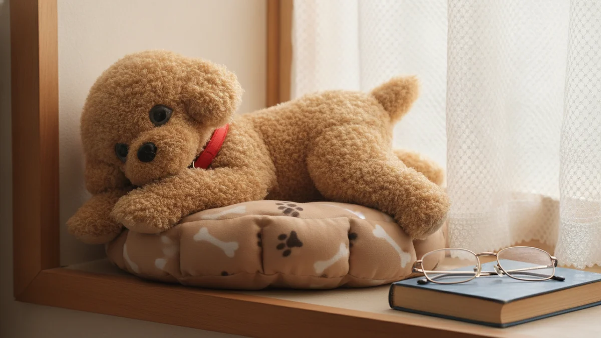 The PoodlePet Companion asleep on its bed by a sunlit window
