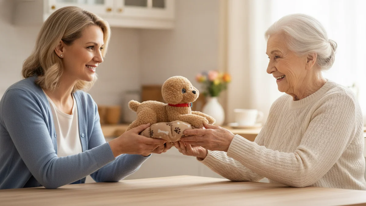 A daughter handing the PoodlePet Companion to her mother across a kitchen table