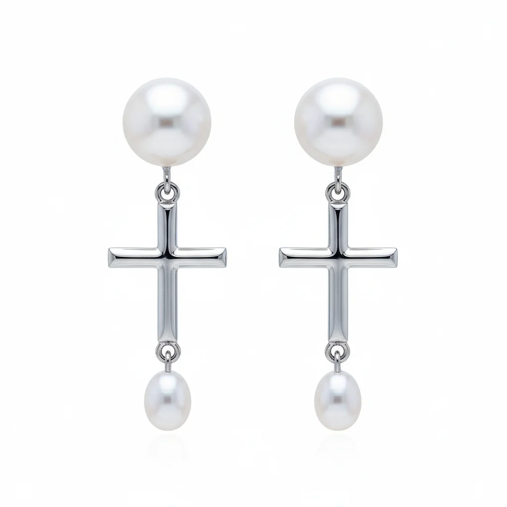 Pearl Cross Drop Earrings