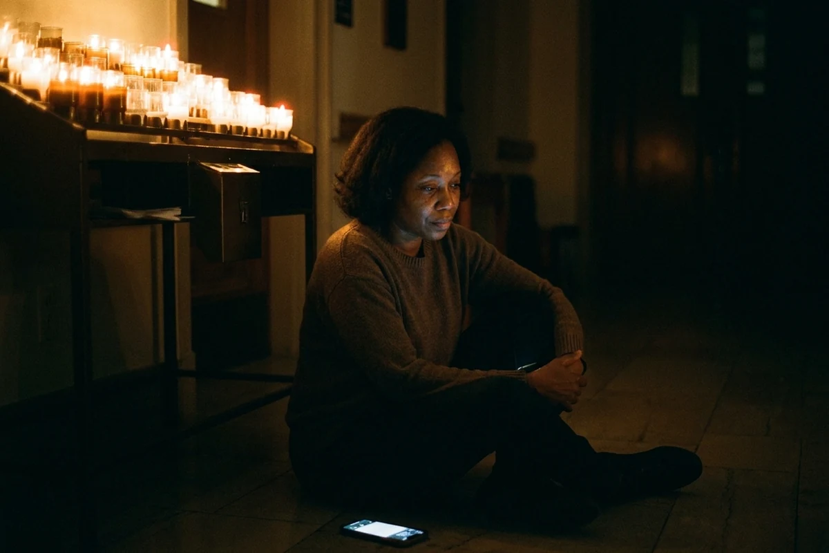 content-01 A dimly lit hospital chapel at night, phone glowing on the floor