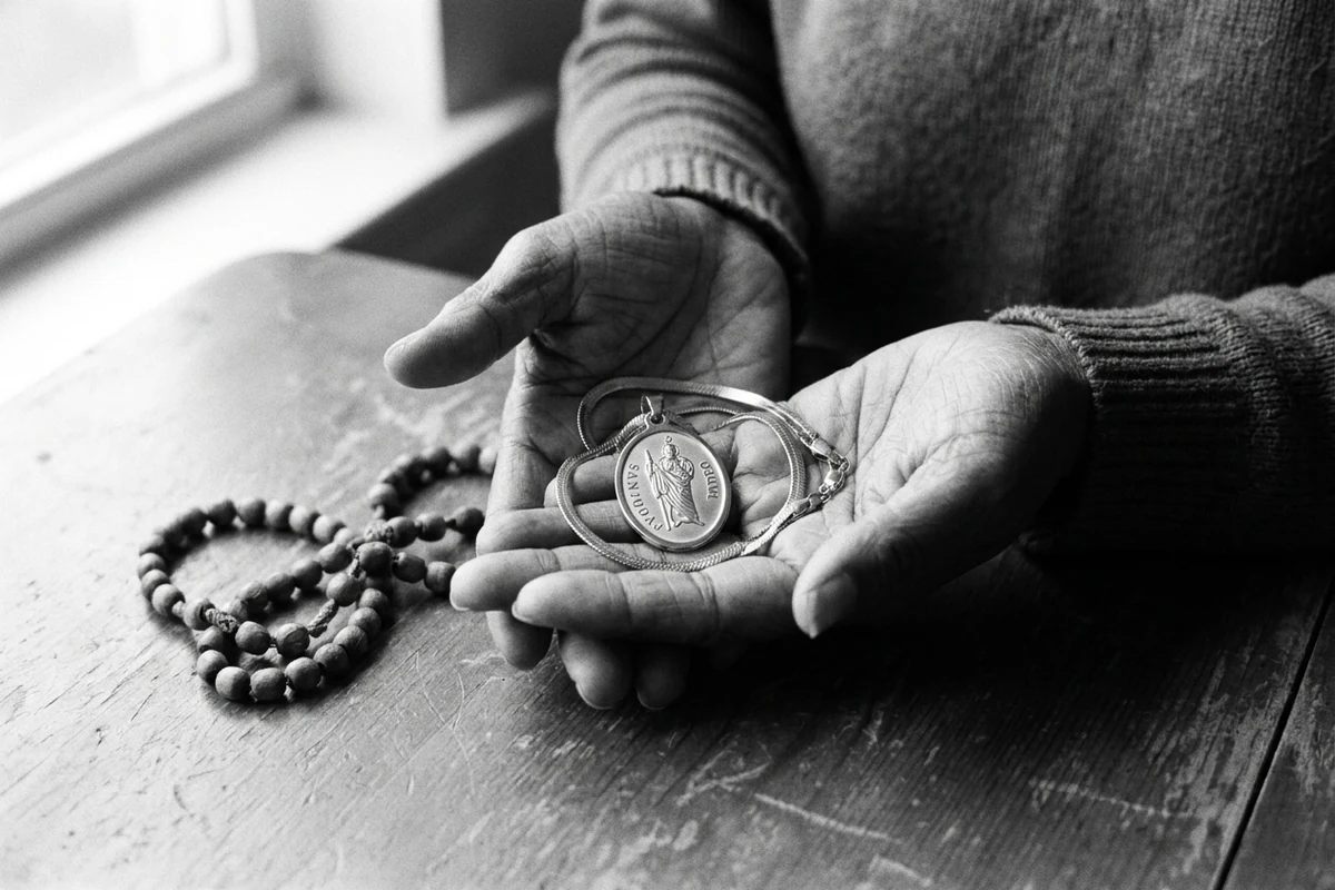 content-06 Elderly hands cradling the gold St. Jude medal beside a wooden rosary