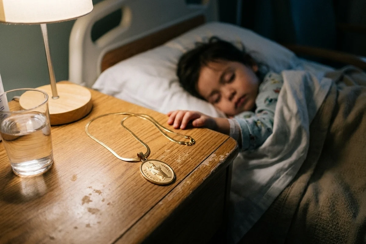 content-04 The gold St. Jude medal on a chain resting on a sleeping child's hospital nightstand