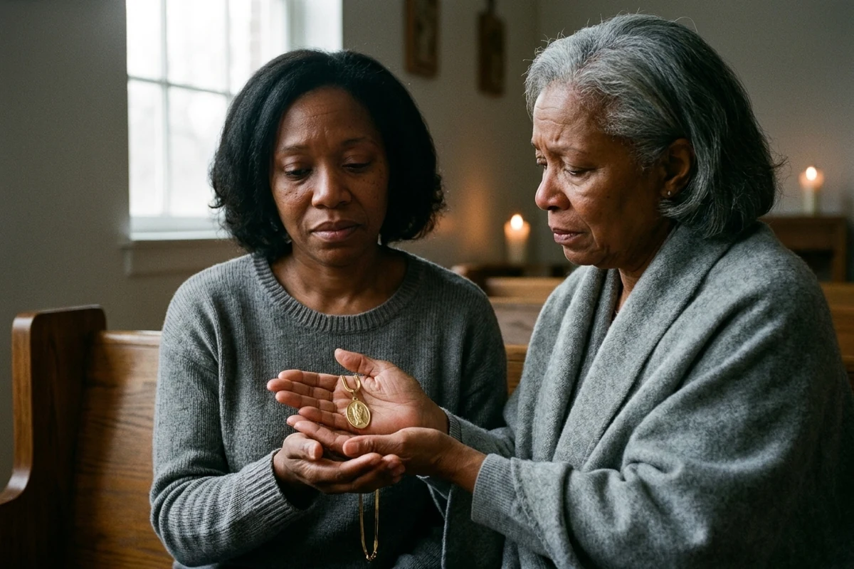 content-03 An older woman in a grey shawl sitting beside a distraught woman in a hospital chapel, pressing a St. Jude medal into her hand