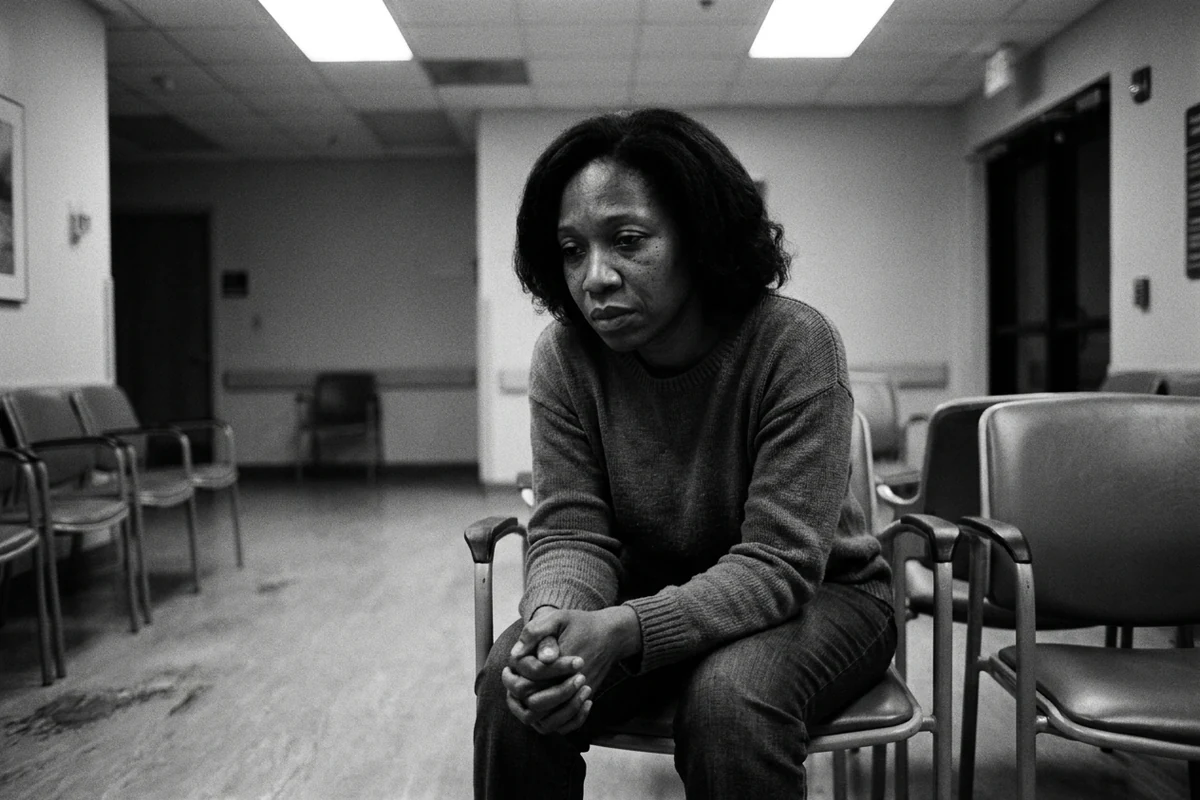 content-02 A worried woman sitting in a hospital waiting room